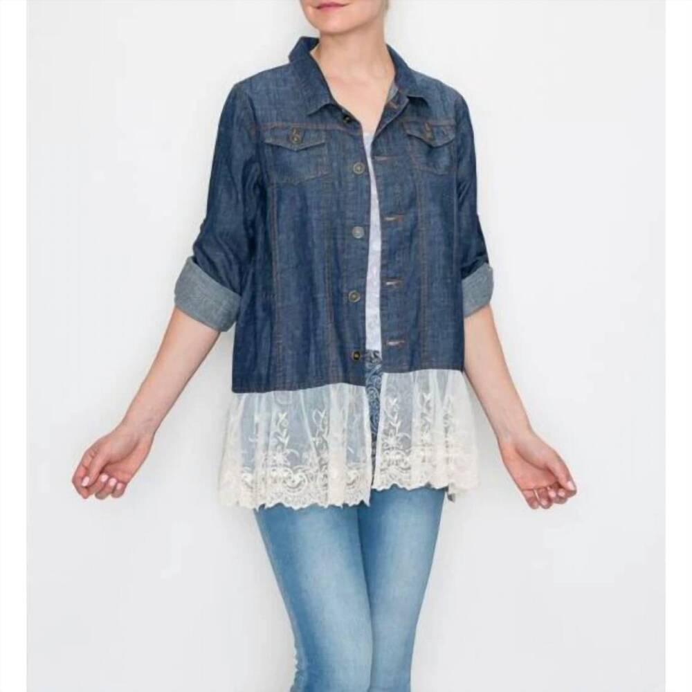 NEW ORIGAMI denim jacket with lace hem detail in dark blue